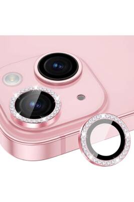 iPhone 15/15 Plus ve 14/14 Plus Kamera Koruma Taşlı Lens Koruyucu Temperli Pembe - KVK PRİVACY