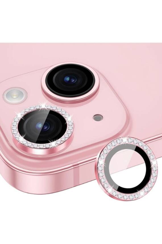 iPhone 15/15 Plus ve 14/14 Plus Kamera Koruma Taşlı Lens Koruyucu Temperli Pembe - 1
