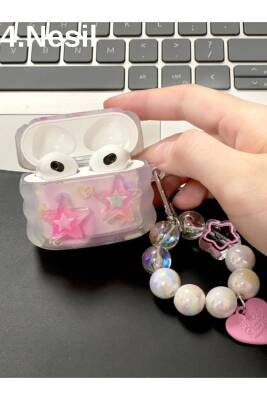 4. Nesil Uyumlu 2024 Kulaklık Kılıfı Pembe Yıldız İnci Boncuklu - KVK