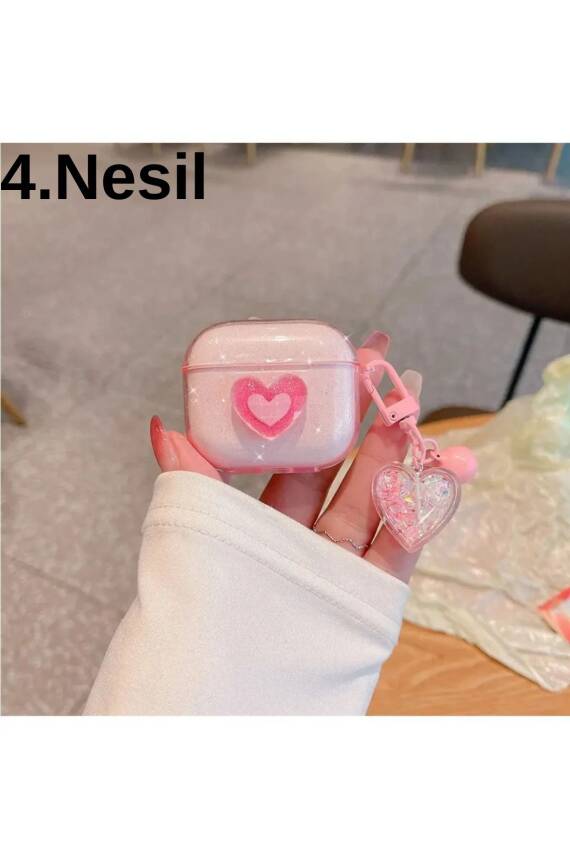 4. Nesil Uyumlu 2024 Kulaklık Kılıfı Simli Pembe Kalp - 1
