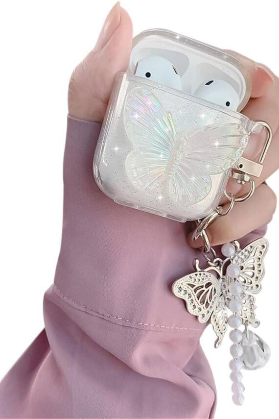 Airpods 1. Ve 2. Nesil Uyumlu 3d Kelebek Kopçalı Simli Kulaklık Kılıfı - 1