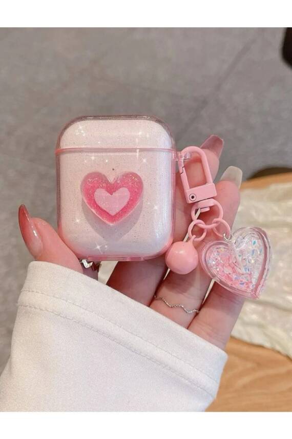 Airpods 1. Ve 2. Nesil Uyumlu 3d Simli Pembe Kalp Kopçalı Kulaklık Kılıfı - 1