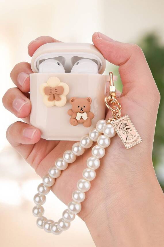 Airpods 1. Ve 2. Nesil Uyumlu İnci Askılı Papyonlu Ayı Kulaklık Kılıfı - 1