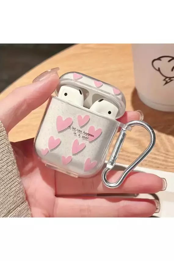 Airpods 1. Ve 2. Nesil Uyumlu Pembe Kalp Desenli Simli Kancalı Kulaklık Kılıfı - 1