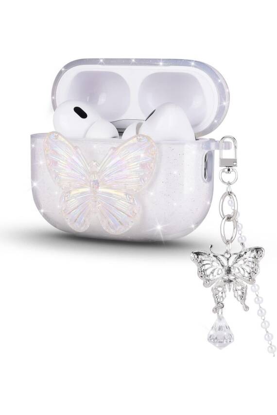 Airpods Pro 2. nesil uyumlu 3d Kelebek Kopçalı Simli Kulaklık Kılıfı - 1