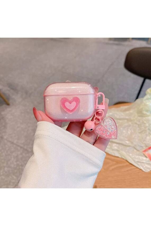 Airpods Pro 2. nesil uyumlu 3d Simli Pembe Kalp Kopçalı Kulaklık Kılıfı - 1