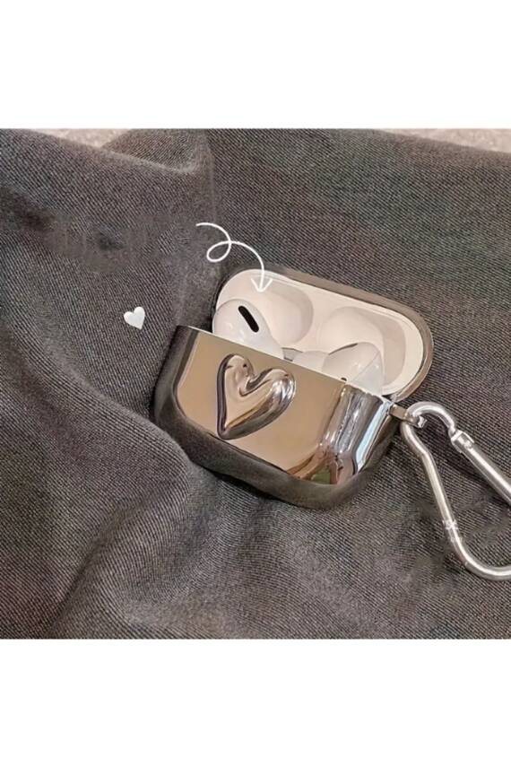 Airpods Pro 2. nesil Uyumlu Gümüş Kalp 3d Desenli Kancalı Kulaklık Kılıfı - 1