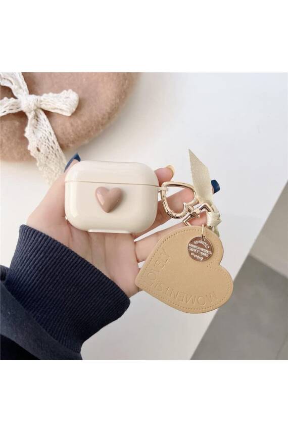 Airpods Pro 2. nesil uyumlu Kahverengı Kalp Ve Kahverengi Kalp Kopçalı Kulaklık Kılıfı - 1