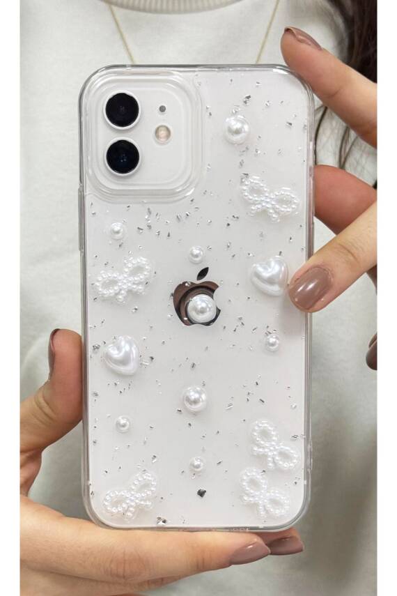 Apple iPhone 11 Uyumlu İnci Kalpli Fiyonk Şeffaf Kılıf Simli Darbeye Karşı Dayanıklı Kapak - 1