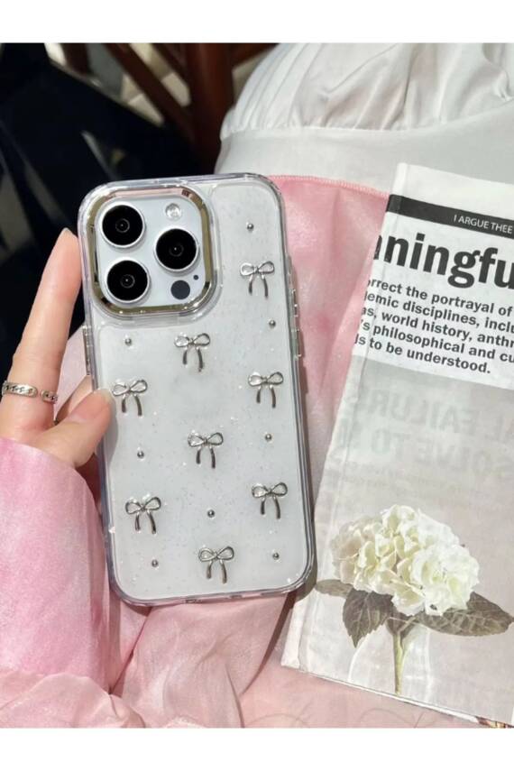 Apple iPhone 12 Pro Max Uyumlu Fiyonk Desenli Şeffaf Kılıf Simli Darbeye Karşı Dayanıklı Kapak - 1