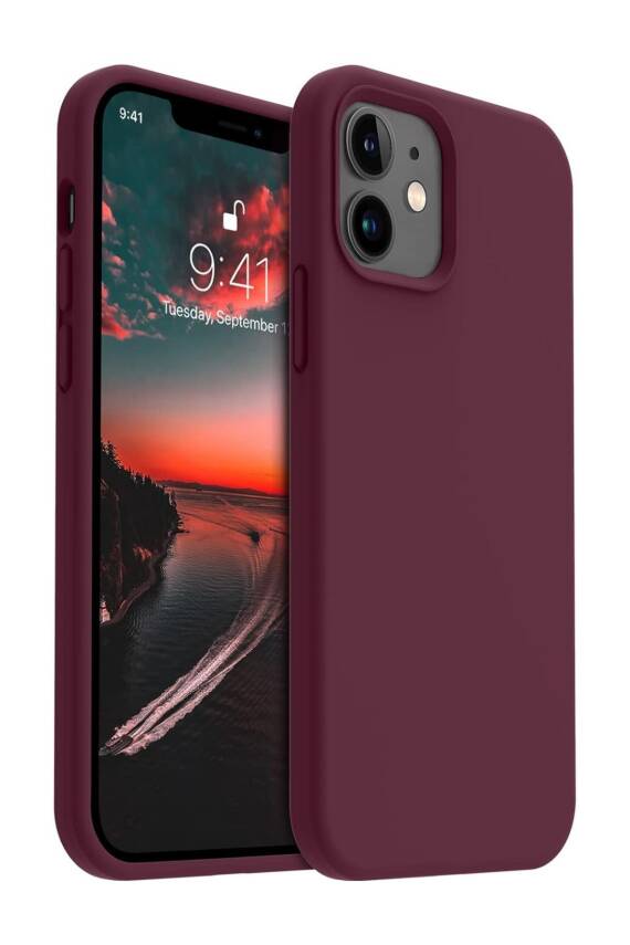 Apple iPhone 12/12Pro Kılıf Kadife Lansman Soft Yumuşak Liquid Silikon Kamera Korumalı Kapak Bordo - 1