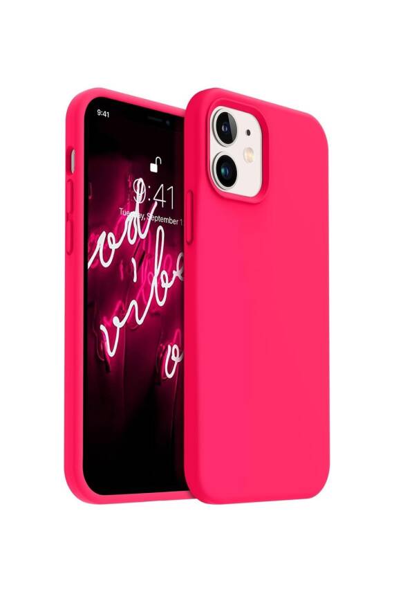 Apple iPhone 12/12Pro Kılıf Kadife Lansman Soft Yumuşak Liquid Silikon Kamera Korumalı Kapak Fuşya - 1