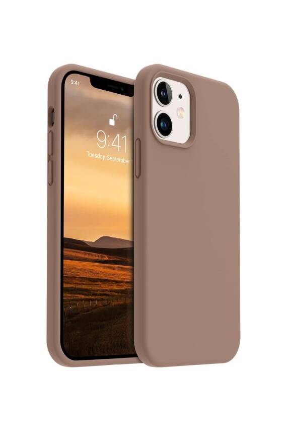 Apple iPhone 12/12Pro Kılıf Kadife Lansman Soft Yumuşak Liquid Silikon Kamera Korumalı Kapak Kahve - 1