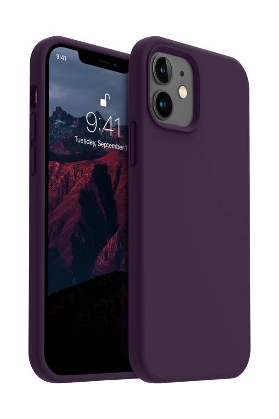 Apple iPhone 12/12Pro Kılıf Kadife Lansman Soft Yumuşak Liquid Silikon Kamera Korumalı Kapak Mor - 1