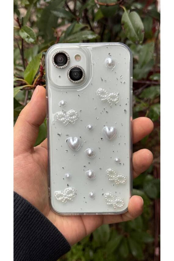 Apple Iphone 13 -14 Uyumlu Kılıf Inci Kalpli Fiyonk Şeffaf Kılıf Simli Darbeye Karşı Dayanıklı Kapak - 1