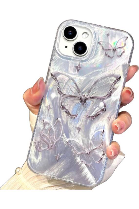 Apple iPhone 13-14 Uyumlu Tüylü Kelebek Hologramlı Kılıf Darbeye Karşı Dayanıklı Kapak - 1