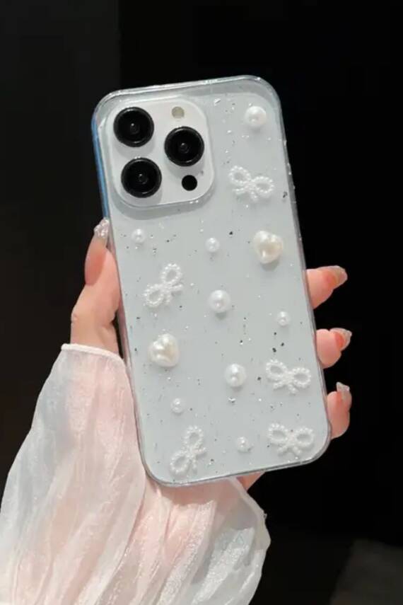 Apple iPhone 13 Pro Max Uyumlu İnci Kalpli Fiyonk Şeffaf Kılıf Simli Darbeye Karşı Dayanıklı Kapak - 1