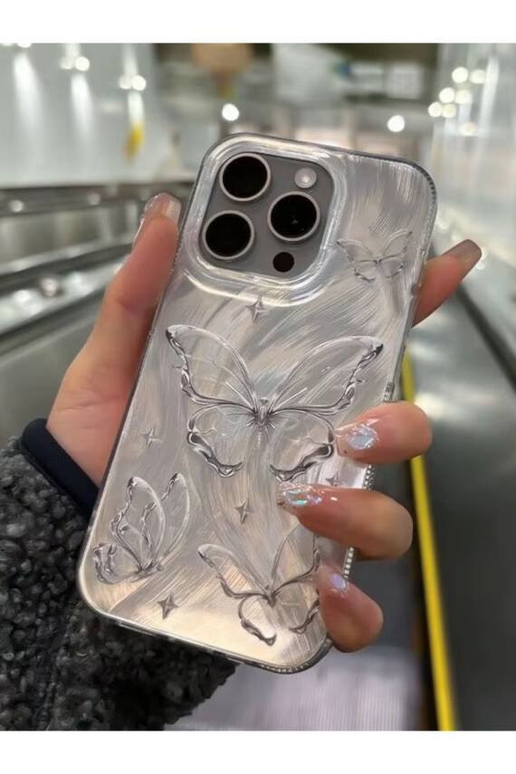 Apple iPhone 13 Pro Max Uyumlu Tüylü Kelebek Hologramlı Kılıf Darbeye Karşı Dayanıklı Kapak - 1