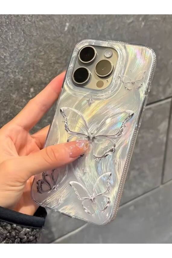 Apple iPhone 14 Pro Max Uyumlu Tüylü Kelebek Hologramlı Kılıf Darbeye Karşı Dayanıklı Kapak - 1