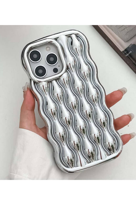 Apple İphone 14 Pro Uyumlu Kılıf Platin Parlak Dalgalı Darbelere Karşı Dayanıklı Esnek Kapak - 1