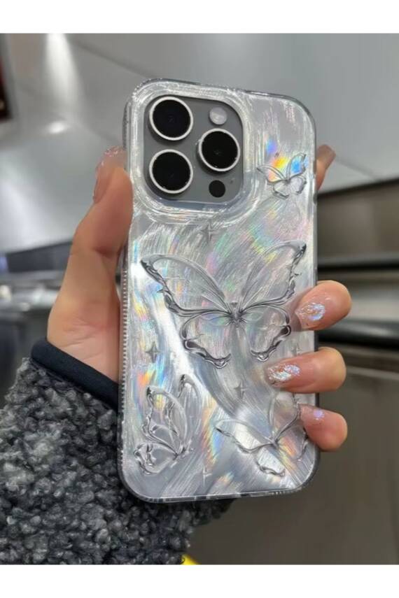 Apple iPhone 14 Pro Uyumlu Tüylü Kelebek Hologramlı Kılıf Darbeye Karşı Dayanıklı Kapak - 1