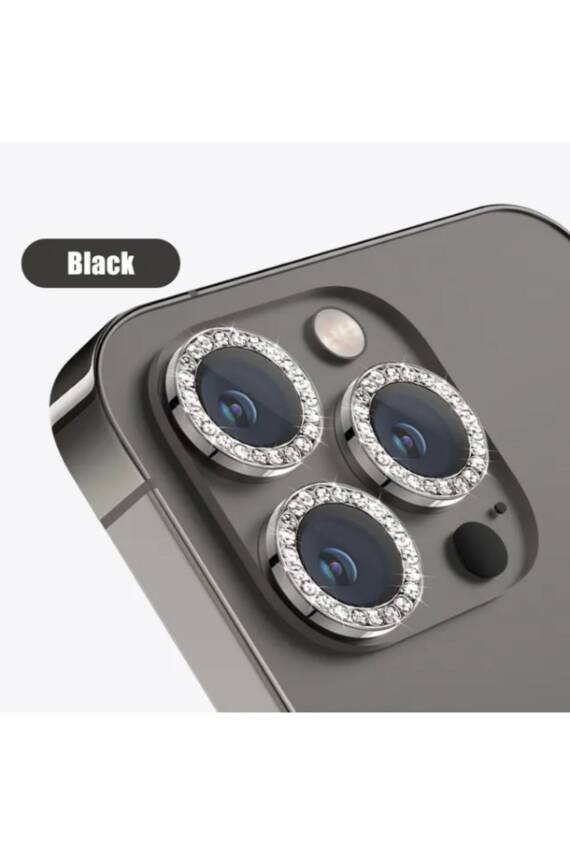  iPhone 15 Pro/ 15 Pro Max Kamera Koruma Taşlı Lens Koruyucu Temperli Siyah - 1