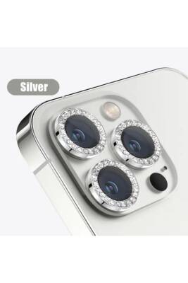 iPhone 15 Pro/ 15 Pro Max Kamera Koruma Taşlı Lens Koruyucu Temperli Silver - KVK