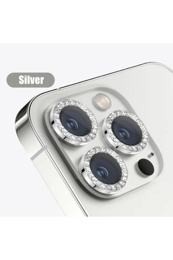 iPhone 15 Pro/ 15 Pro Max Kamera Koruma Taşlı Lens Koruyucu Temperli Silver - 1