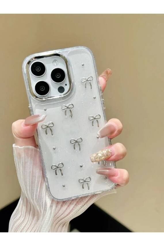 Apple iPhone 15 Pro Max Uyumlu Fiyonk Desenli Şeffaf Kılıf Simli Darbeye Karşı Dayanıklı Kapak - 1