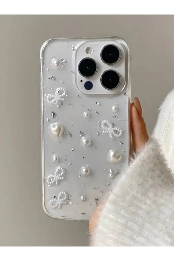 Apple iPhone 16 Pro Uyumlu İnci Kalpli Fiyonk Şeffaf Kılıf Simli Darbeye Karşı Dayanıklı Kapak - 1
