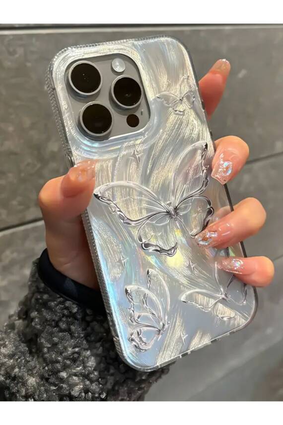 Apple iPhone 16 Pro Uyumlu Tüylü Kelebek Hologramlı Kılıf Darbeye Karşı Dayanıklı Kapak - 1