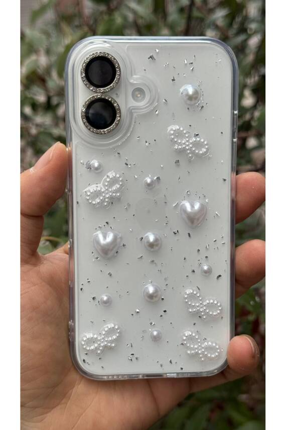 Apple iPhone 16 Uyumlu İnci Kalpli Fiyonk Şeffaf Kılıf Simli Darbeye Karşı Dayanıklı Kapak - 1