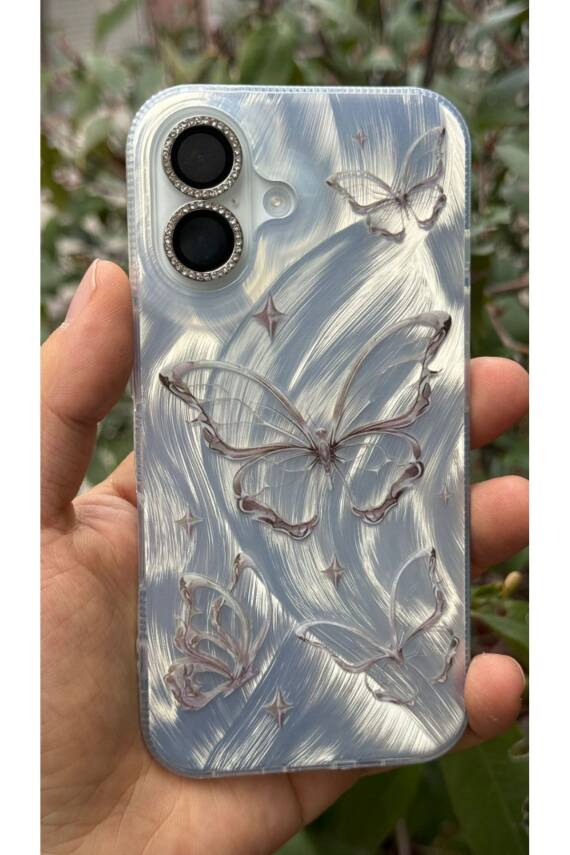 Apple iPhone 16 Uyumlu Tüylü Kelebek Hologramlı Kılıf Darbeye Karşı Dayanıklı Kapak - 1