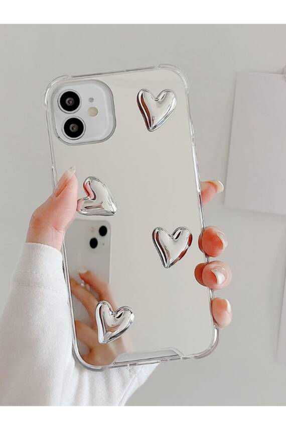 İphone 11 Uyumlu Aynalı Kılıf Gümüş Kalp Tasarımlı Şık Darbelere Karşı Dayanıklı Esnek Kapak - 1