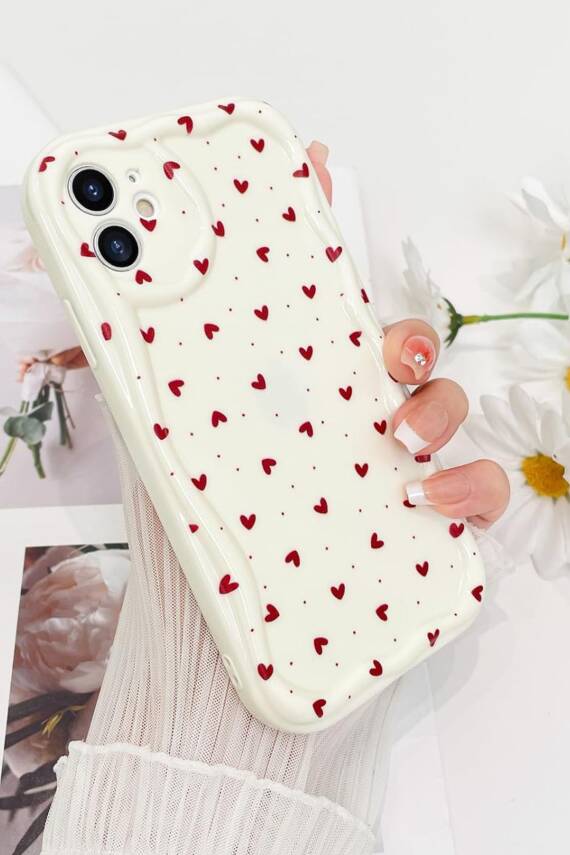 İphone 11 Uyumlu Kılıf Kırmızı Aşk Kalp Şık Darbelere Karşı Dayanıklı Yumuşak Silikon Kapak Krem - 1