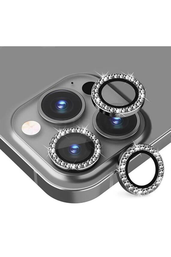 Iphone 12 Pro Max Uyumlu Gümüş Taşlı Kamera Lensi Koruyucu - 1