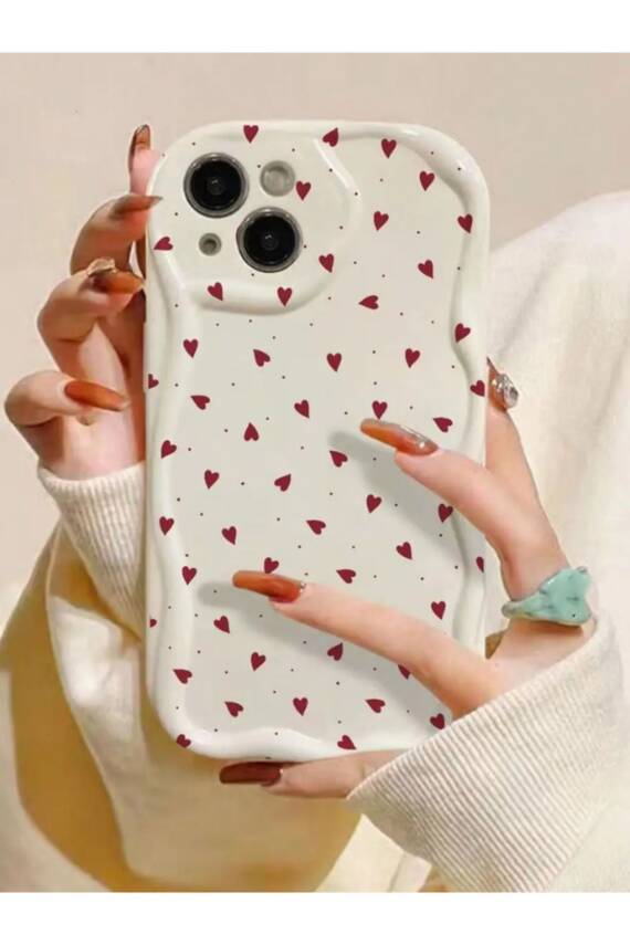 İphone 13-14 Uyumlu Kılıf Kırmızı Aşk Kalp Şık Darbelere Karşı Dayanıklı Yumuşak Silikon Kapak Krem - 1