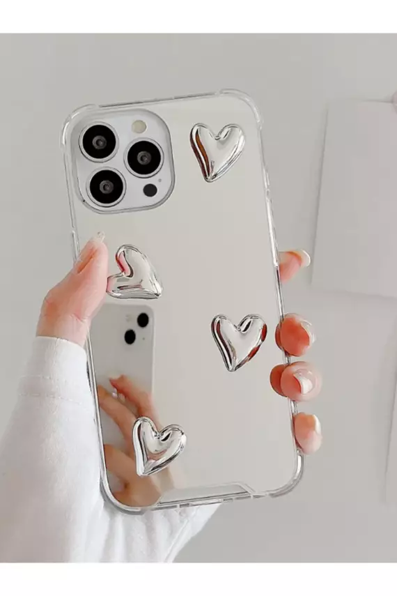 İphone 13 Pro Max Uyumlu Aynalı Kılıf Gümüş Kalp Tasarımlı Şık Darbelere Karşı Dayanıklı Esnek Kapak - 1