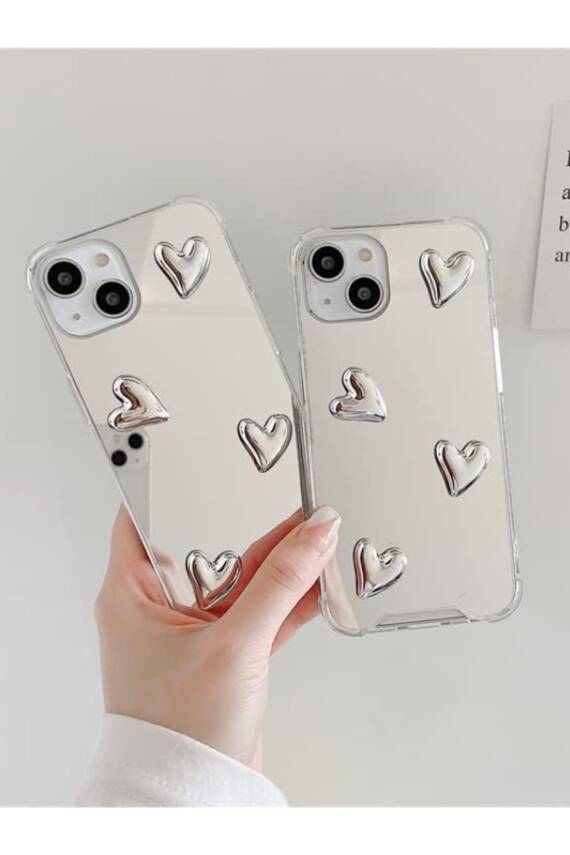 Iphone 13/14 uyumlu Aynalı Kılıf Gümüş Kalp Tasarımlı Darbelere Karşı Dayanıklı Esnek Kapak - 1