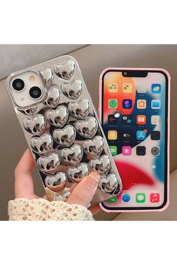 Iphone 14 Plus/15 Plus uyumlu Kılıf Krom Gümüş Kalp Darbelere Karşı Dayanıklı Yumuşak Silikon Kapak - 1