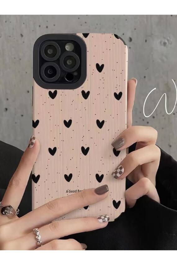 iPhone 14 Pro Kılıf Siyah Kalp Desenli Kamera Korumalı Estetik Zarif Yumuşak Silikon Kapak - 1