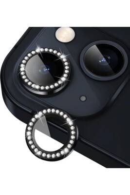 iPhone 15/15 Plus ve 14/14 Plus Kamera Koruma Taşlı Lens Koruyucu Temperli Siyah - KVK