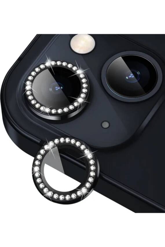 iPhone 15/15 Plus ve 14/14 Plus Kamera Koruma Taşlı Lens Koruyucu Temperli Siyah - 1