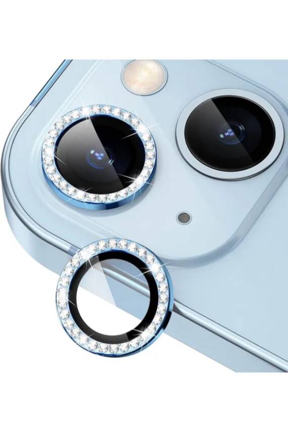 iPhone 15/15 Plus ve 14/14 Plus Kamera Koruma Taşlı Lens Koruyucu Temperli Mavi - 1