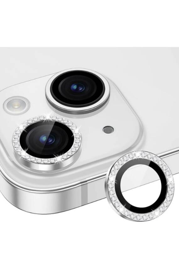 iPhone 15/15 Plus ve 14/14 Plus Kamera Koruma Taşlı Lens Koruyucu Temperli Gümüş - 1
