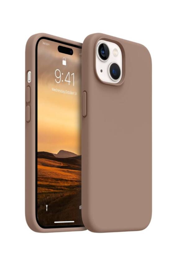 iPhone 15 Kılıf Kadife Lansman Soft Yumuşak Liquid Silikon Kamera Korumalı Kapak Kahve - 1