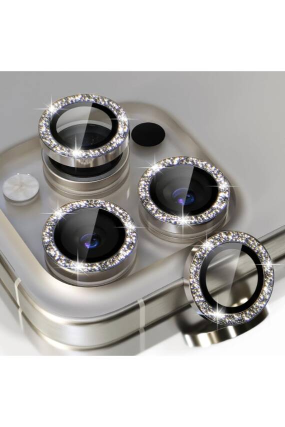 Iphone 15 Pro/15 Promax Uyumlu Kamera Koruma Taşlı Lens Koruyucu Temperli Cam Koruma Titanium - 1
