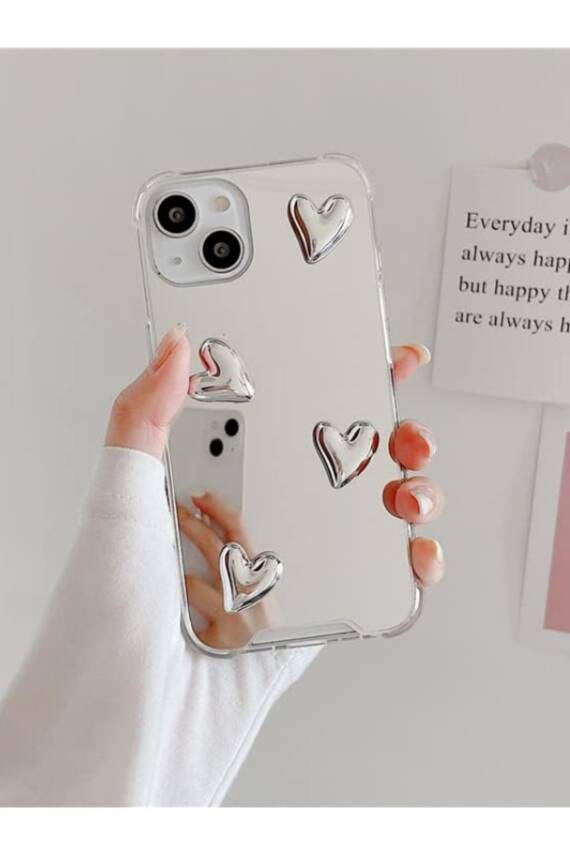 İphone 15 Uyumlu Aynalı Kılıf Gümüş Kalp Tasarımlı Şık Darbelere Karşı Dayanıklı Esnek Kapak - 1