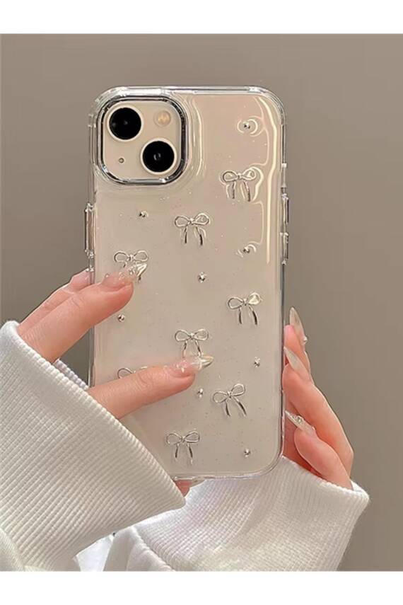 iPhone 15 Uyumlu Fiyonk Desenli Şeffaf Kılıf Simli Darbeye Karşı Dayanıklı Kapak - 1