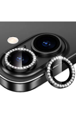 Iphone 16 /16 Plus Uyumlu Kamera Koruma Taşlı Lens Koruyucu Temperli Cam Koruma Black - KVK PRİVACY